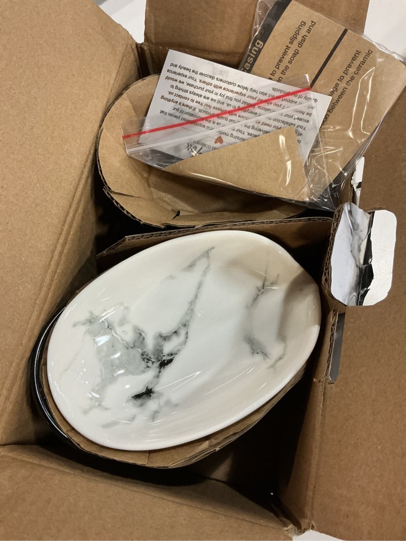 Condition photo showing Good Condition for Leaf-Shaped Soap Dish – Ceramic Soap Bar Holder with Self-Drainage System – Bar Soap Holder for Shower, Bathroom Sink, Kitchen – Soap Dish with Stainless Steel Stand (White-Black-2 Pack)