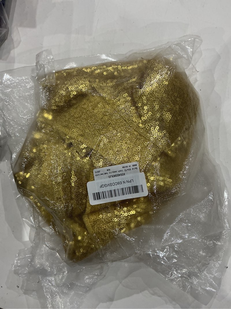 Condition photo showing Good Condition for gold sequin tablecloth 50x72 inch -glitter fabric rectangle table cloth elegant reusable sparkly cover fitted for 4 6ft birthday wedding banquet halloween christmas party reception decoration 72" x 50" (rectangular) gold