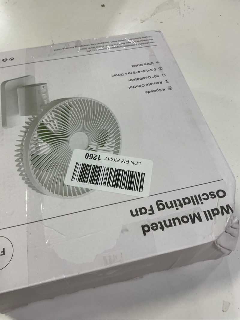 Condition photo showing New/Like New for 8.5-Inch Quiet Wall-Mounted Oscillation Fan with Remote & Timer, 4-Speed Adjustable for Small Bathrooms, Indoor Bedroom Cooling for RV, Adjustable Tilt, 5.92 ft Cord, Garage Cooling Fan for Home Black Frame/Black Blades 8.5 Inch