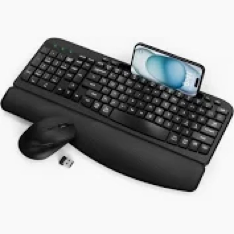 Wireless Keyboard and Mouse Combo, Wave Keys Computer Ergonomic Keyboard with Cushioned Plam Rest, P