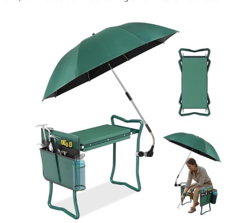  2-in-1 garden kneeler with umbrella, garden kneeling bench & green umbrella, portable garden stool loads capacity 330lb and garden tools bag with bottle holder, gardening gifts for women,men,seniors