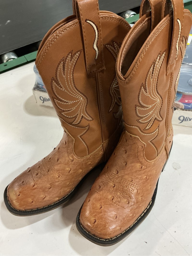 Condition photo showing New/Like New for Rollda Kids Cowboy Boots for Boys Girls Western Square Toe Cowgirl Boots with Walking Heel (Toddler/Little Kid/Big Kid) 13 Toddler Dark Brown/Ostrich Upper