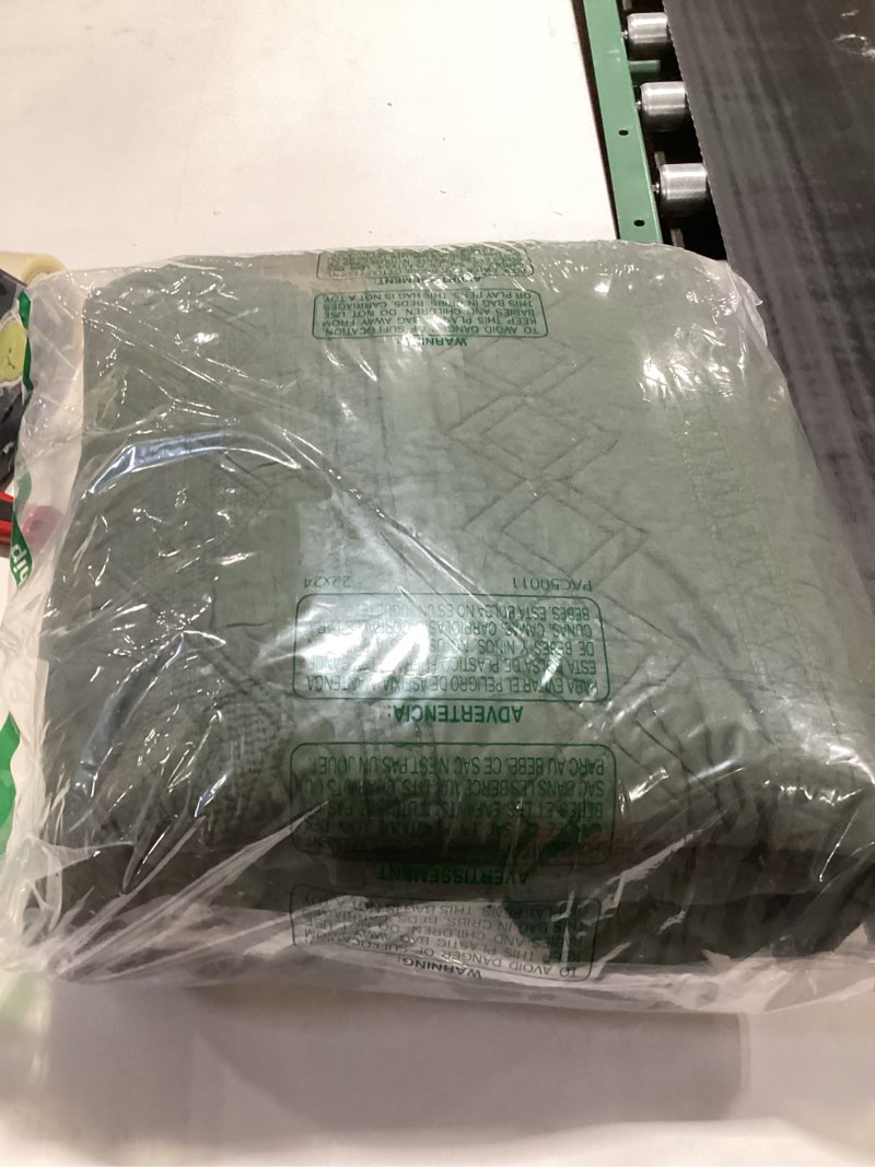 Condition photo showing As Is for FURRFREE Quilt Set - Lightweight Comforter for All Seasons Quilt Bedding Set, Pet Hair Repellent Bedding Olive Green Queen Quilt with 2 Pillow Shams