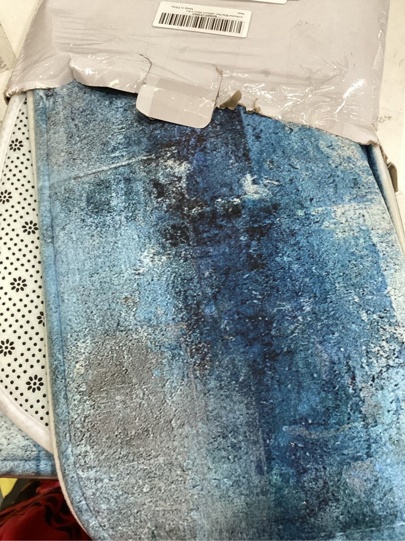 Condition photo showing Good Condition for artsocket blue grey abstract bathroom set with shower curtain and rugs accessory, painting gray vintage retro abstract shower curtain for bathroom decor 4 pcs blue grey painting