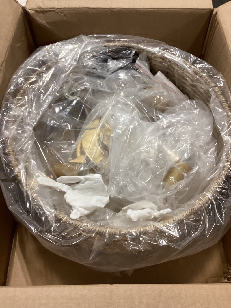 Condition photo showing As Is for Rattan Caged Boho Fandelier Ceiling Fans with Light Remote Flush Mount for Bedroom,Gold,Quiet,4-Light,6 speeds Rattan D