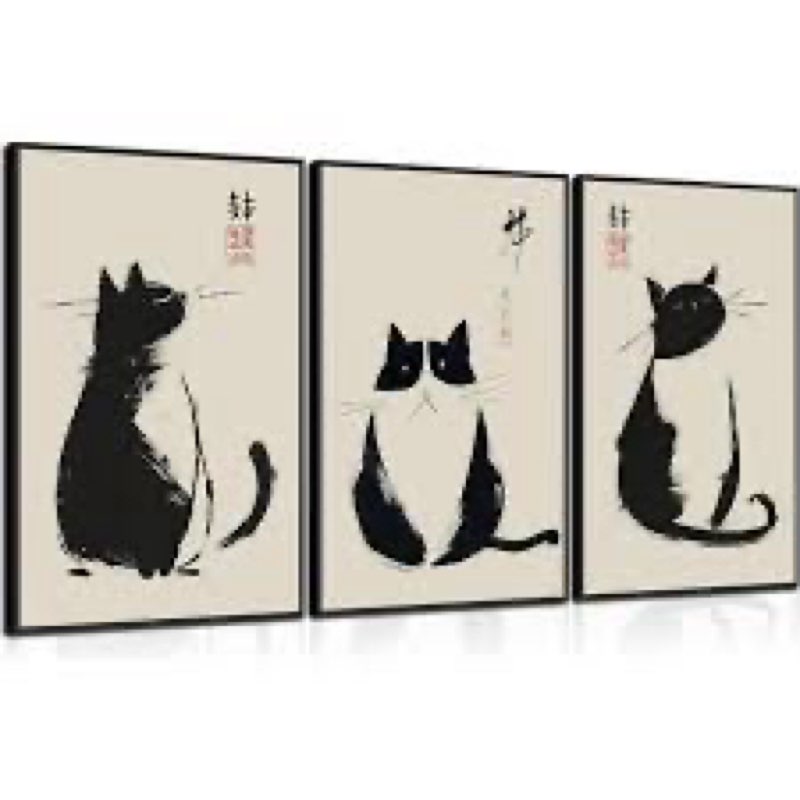 3Pcs Vintage Japanese Cat Canvas Wall Art Cute Funny Japanese Black Cat Paintings Matsumoto Hoji Pri