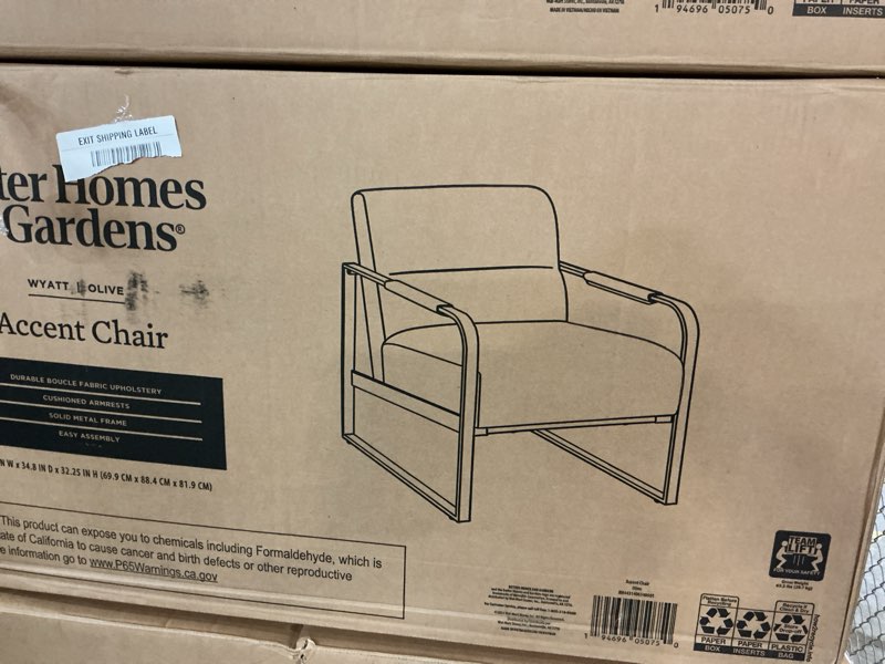Condition photo showing New/Like New for better homes & gardens wyatt accent chair, olive green bouclé