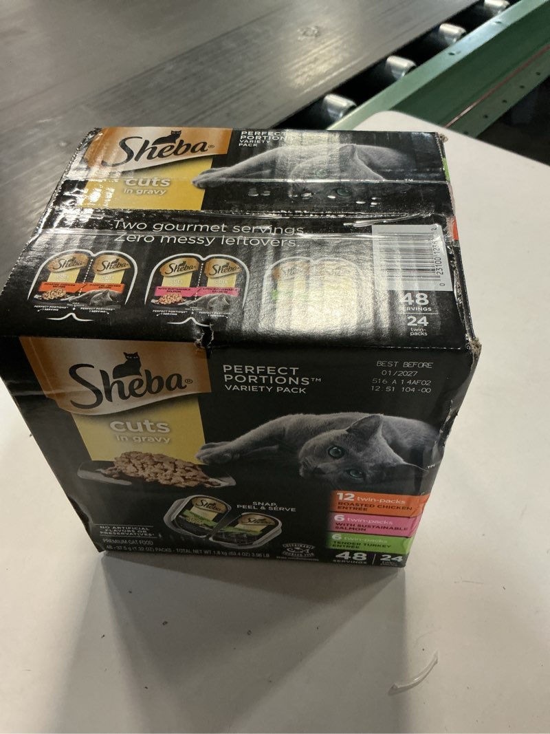 Condition photo showing New/Like New for ( best by 01/2027 ) Sheba Perfect Portions Wet Cat Food Cuts in Gravy, Cat Food Wet Recipe, Roasted Chicken Entree, with Sustainable Salmon, Tender Turkey Entree, 2.6 oz. Twin-Pack Trays (24 Count, 48 Servings) Chicken, Salmon & Turkey 24 Count (Pack of 1)