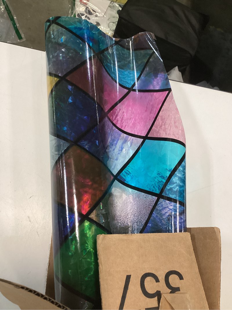 Condition photo showing As Is for window privacy film, static cling stained glass window film decorative, non-adhesive 3d rainbow frosting film anti-uv for bathroom home door(rainbow?35.4" x 157.5")