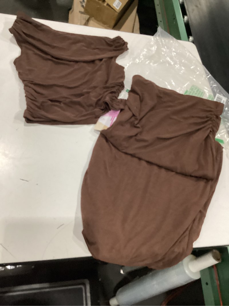Condition photo showing New/Like New for wdirara women's solid one shoulder ruched bodycon two piece skirt set | beach vacation, asymmetrical neck, ladies sleeveless summer outfits, maxi long, going out party wear small coffee brown