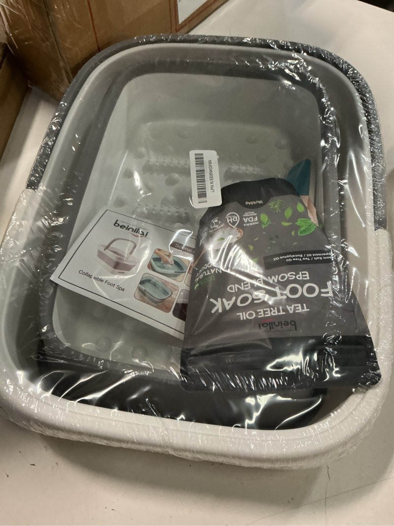 Condition photo showing Good Condition for beinilai collapsible foot bath kit, foot soaking tub with handle and massage acupoint, tea tree oil foot soak with epsom salt, and pedicure feet file 1 pack light grey