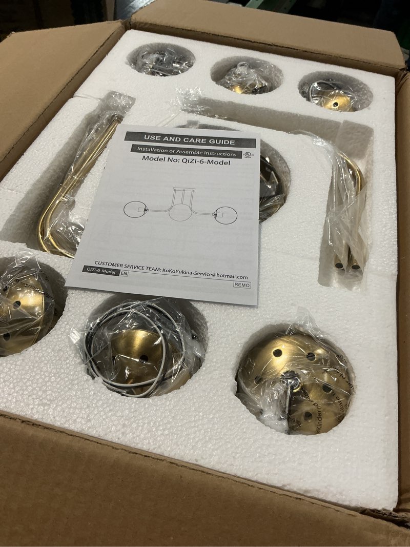 Condition photo showing Good Condition for KoKo&Yukina 6-Light Mid Century Ceiling Light Modern Semi Flush Mount Ceiling Light Fixture Globe Ceiling Light with Milk Glass Shade Brushed Brass Finish for Bedroom Hallway Dining Room Living Room 6 Lights Opal Gold 6 inch