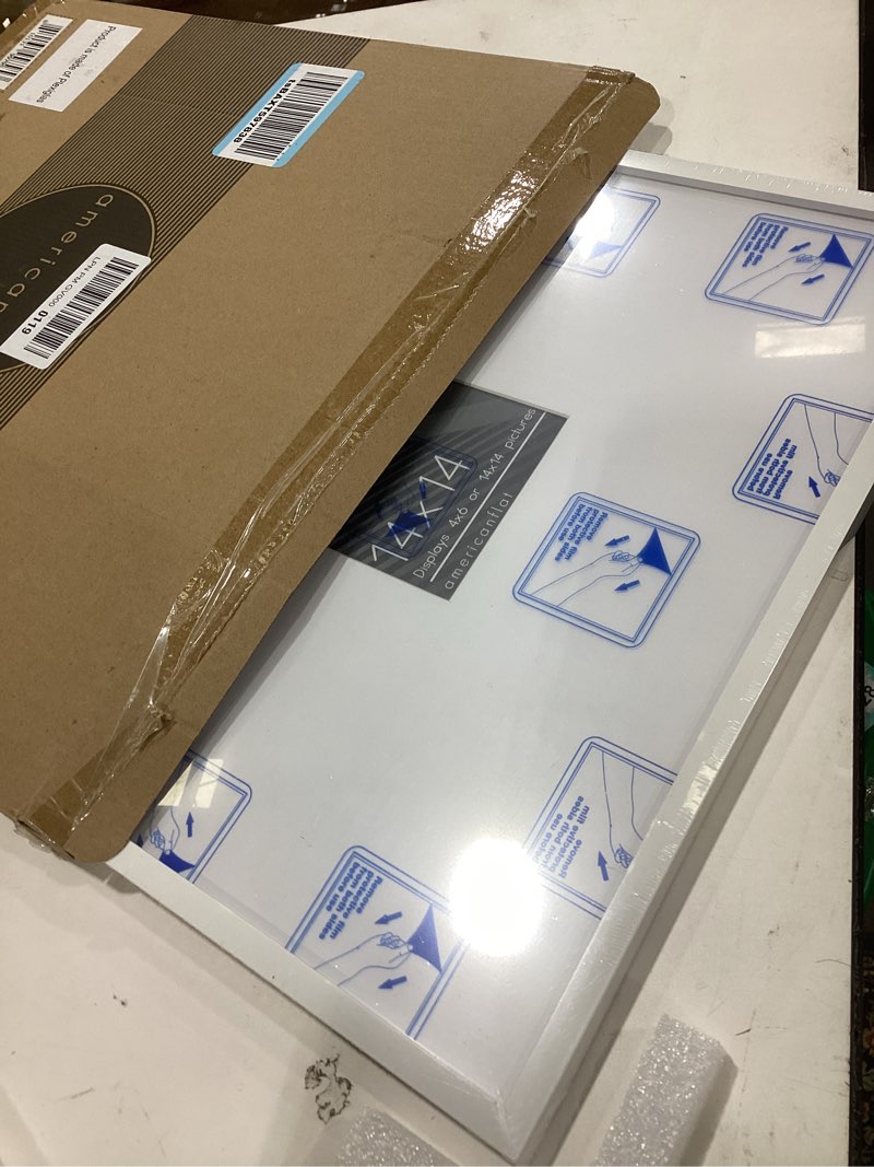 Condition photo showing Good Condition for americanflat 14x14 picture frame with polished plexiglass - use as 4x6 frame with mat or display 14x14 photo without mat - streamline collection - thin border square frames for wall display - white white 14x14 white mat