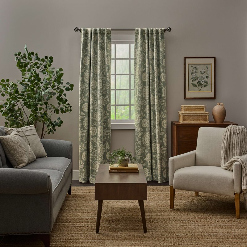 ?  Search inside image allen + roth 84-in Dark Sage Floral Room darkening Interlined Back tab