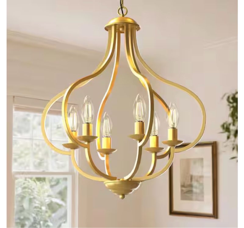 6-light gold vintage farmhouse chandelier, pendant light fixture for dining room, kitchen island, entryway, bedroom