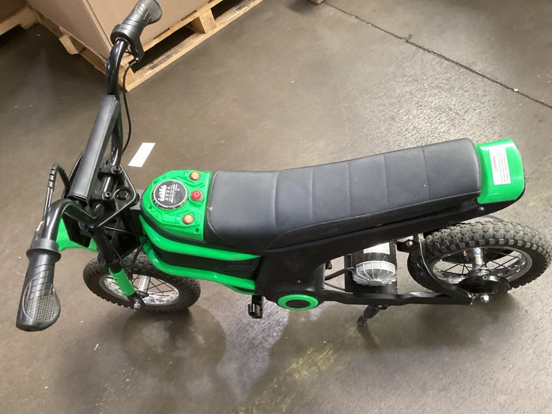 Condition photo showing As Is for incomplete  missing  power cord *elemara electric dirt bike,350w motorcycle 24v ride on toy for big kids w/led power display,15.5 mph & 150lb max,3 speeds,chain-driven motor,twist-grip throttle&brake lever,12\" air-filled tires-green