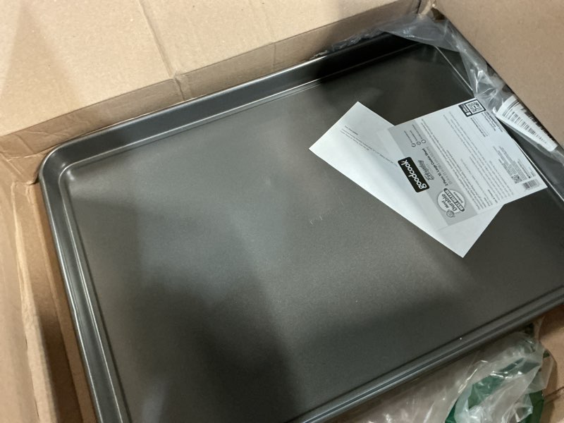 Condition photo showing New/Like New for goodcook everday nonstick carbon steel 15” x 21” baking sheet set, 2 pack – extra-large carbon steel cooking pans, bakeware set, cookie sheets for baking, oven pan set 15" x 21" (2-piece set)