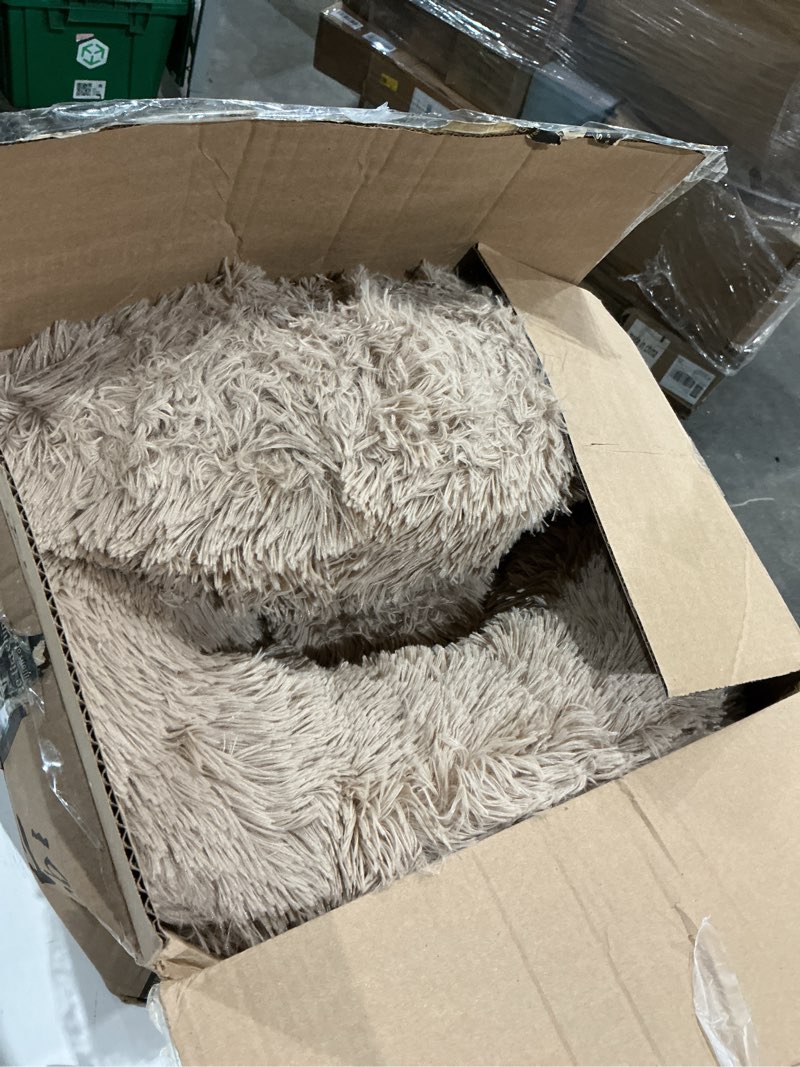 Condition photo showing As Is for bedsure calming dog bed for small dogs - donut washable small puppy bed, 23 inches anti-slip round fluffy plush faux fur large cat bed, fits up to 25 lbs pets, camel 23"l x 23"w x 8"th camel