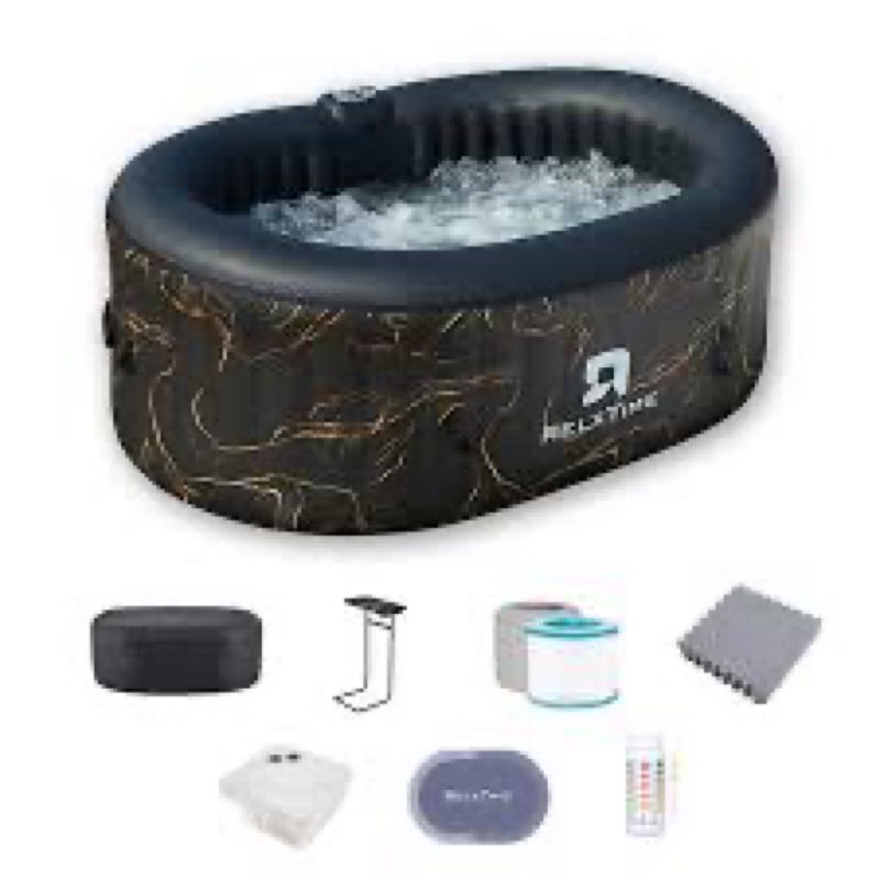 RELXTIME 2 Person Inflatable Hot Tub with Energy-saving Insulation Cover, LED Lamp,Oval Portable Blow Up Hottub, Outdoor Black Spa With 100 Bubble Jets , Drink Tray and Filter Cartridges