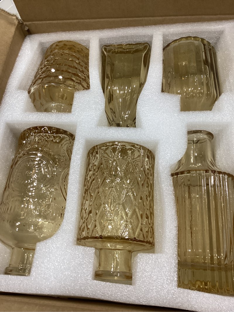 Condition photo showing New/Like New for 12pcs glass bud vase set, small gold amber flower vases for centerpieces in bulk, mini vintage vase for wedding, home,table decoration gold amber 12pcs
