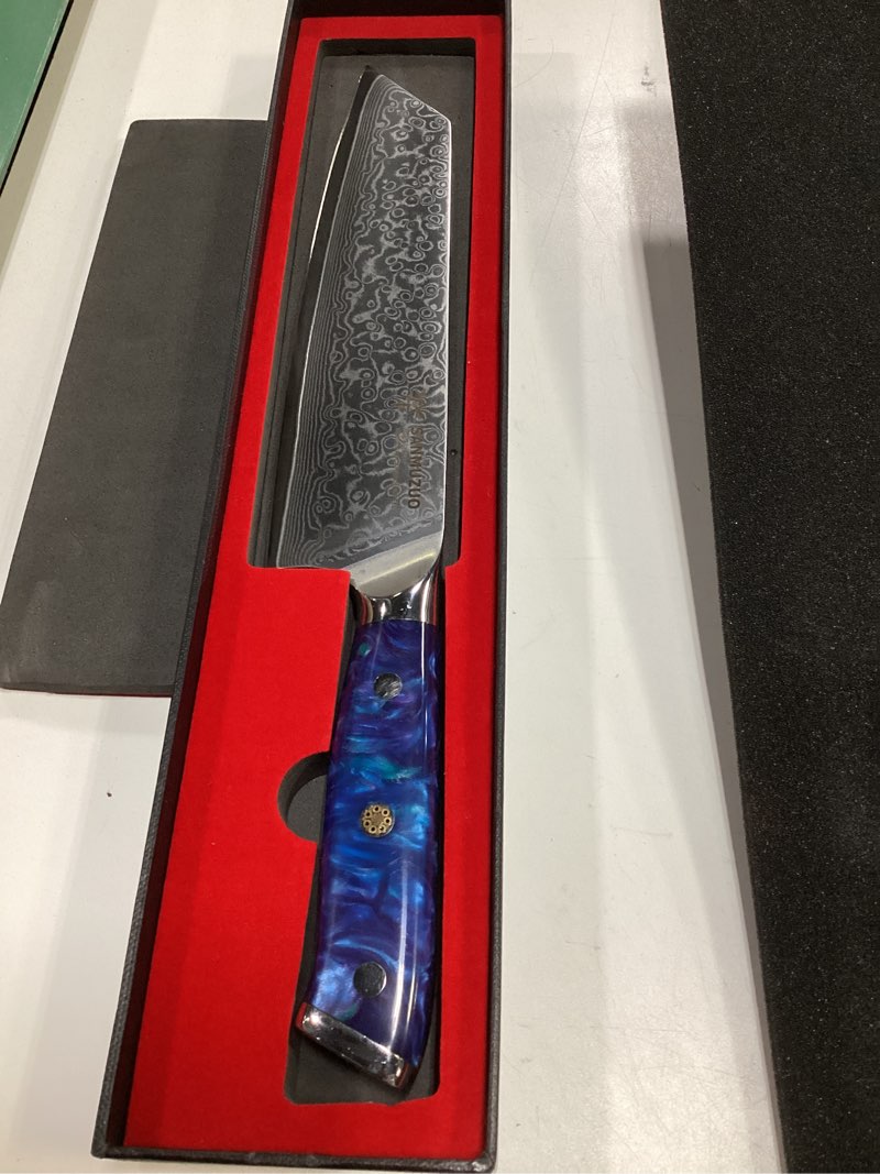 Condition photo showing Good Condition for 8.5 inch kiritsuke kitchen chef knife - 67 layers damascus steel & resin handle - xuan series(sapphire blue) sapphire blue kiritsuke