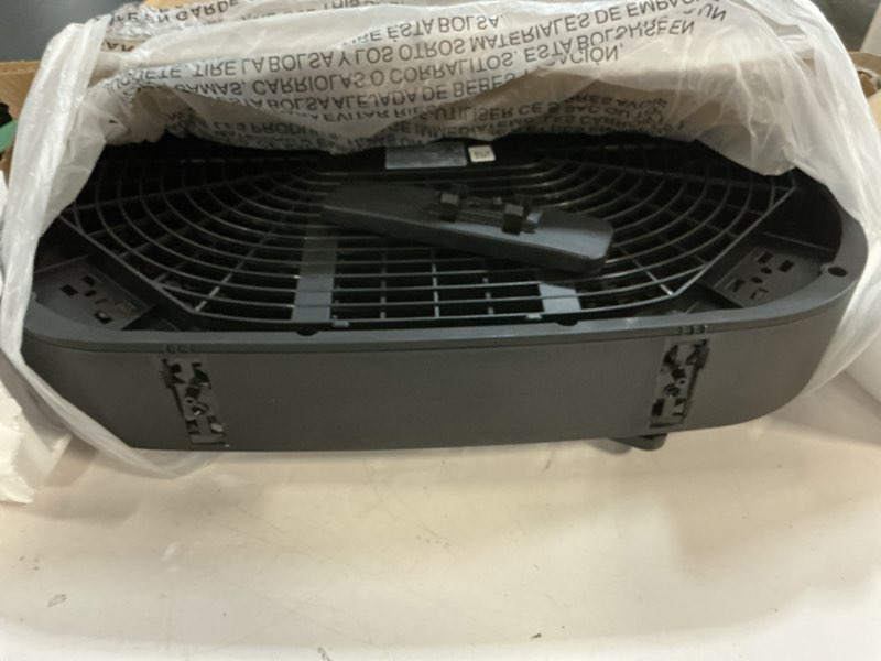 Condition photo showing Good Condition for amazon basics 3 speed box fan, indoor electric fan for home cooling, 5 blades, lightweight design, 67 watts, 20-inch, black, 6.8"d x 20.86"w x 21.33"h