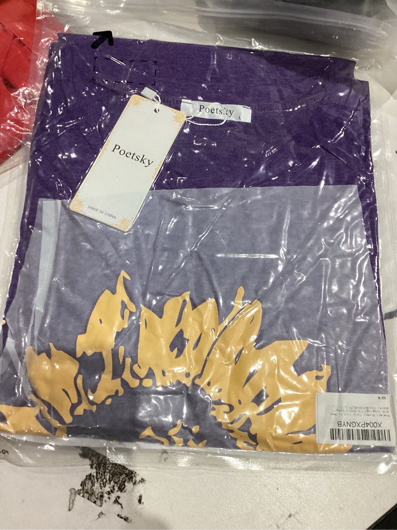 Condition photo showing New/Like New for Poetsky 3/4 Length Sleeve Womens Tops Tunics for Women Loose Fit Dressy Graphic Casual T Shirt for 2026 Large Purple Sunflower