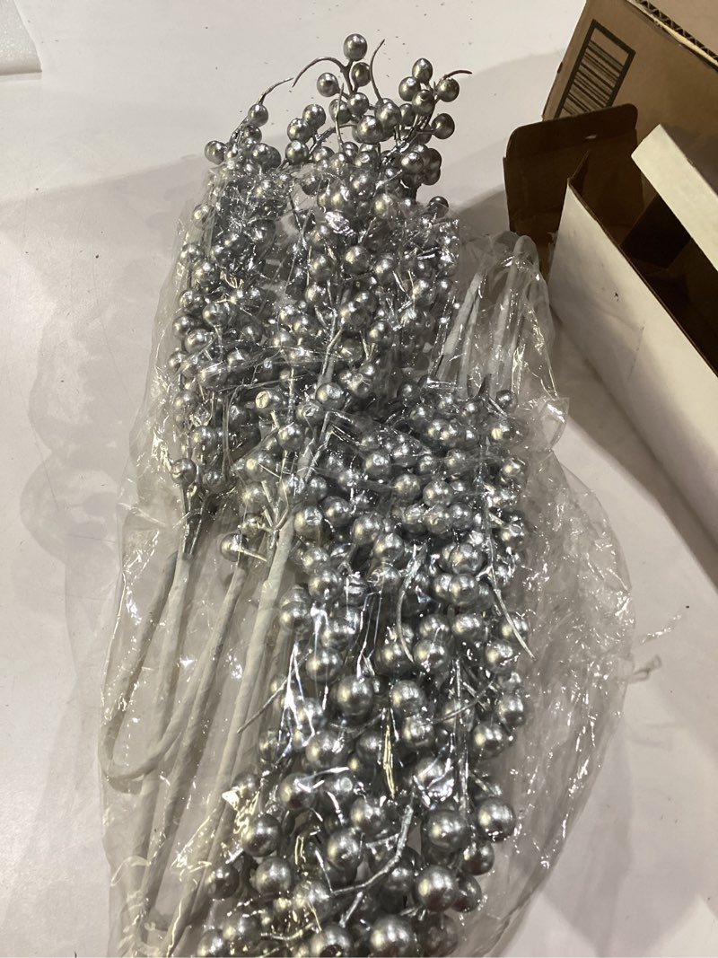 Condition photo showing As Is for GREENTIME 6 Pack Artificial Long Berry Stems Silver Christmas Ornaments Fake 25.2" Silver Berry Picks Faux Holly Berries Branches for Christmas Tree Wreath Vase Holiday Home Decor