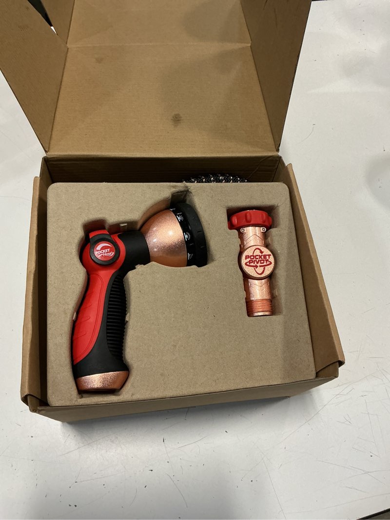 Condition photo showing New/Like New for pocket hose 75 ft copper head expandable garden hose with pocket pivot, no tangles, as seen on tv, 360° swivel, tri-tex tubing, force field jacket, lead-free, no-kink, anti-burst w/apt