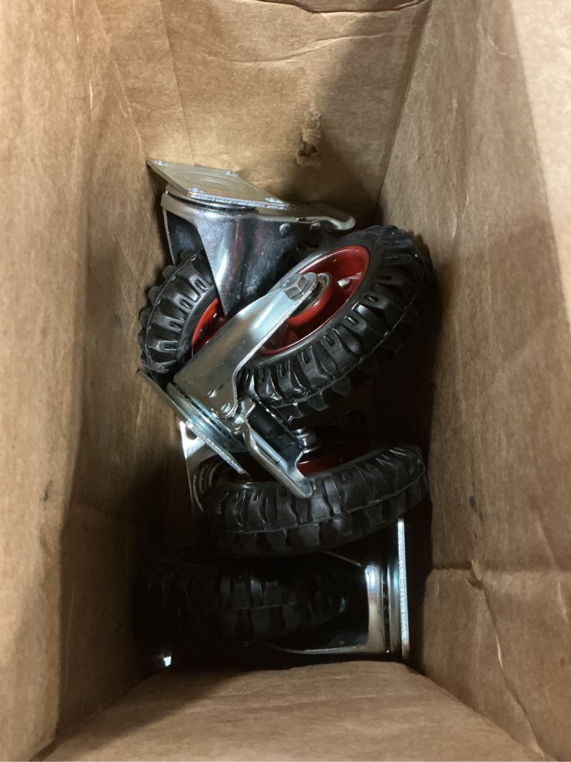 Condition photo showing Good Condition for 5 inch caster wheels heavy duty with dual-lock safety brake and rubber tire wheels, heavy duty - 400 lbs per caster for workbench, trolley, cabinet, swivel rubber wheel 4-packs with mounting hardware