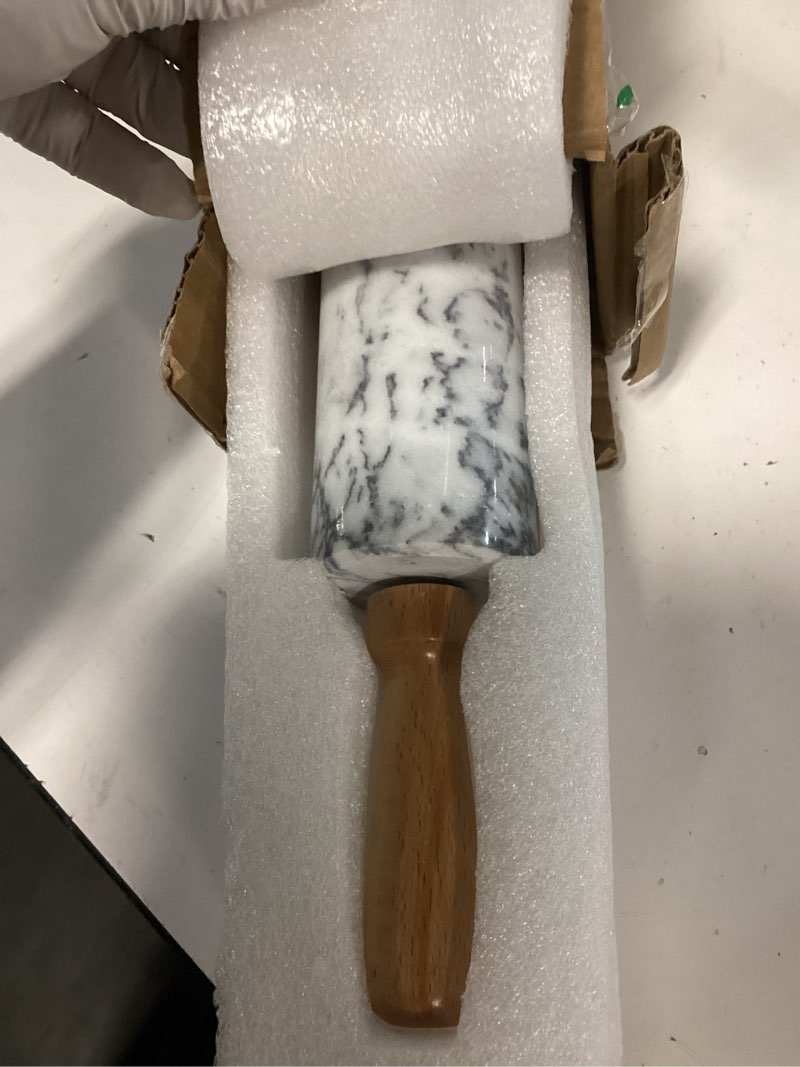 Condition photo showing Good Condition for white marble rolling pin for baking 8inch barrel?dough roller | with wooden handles & wood cradle, non-stick dough roller for pizza, pasta, fondant, pie crust, pastry & cookies white 14.4in