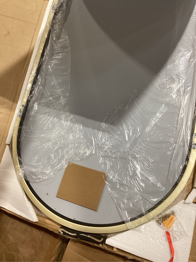 Condition photo showing New/Like New for NEWBULIG Arched Full Length Mirror 15"x 56" for Bedroom, Full Body Mirror with Stand, Hanging or Leaning for Wall, Aluminum Alloy Thin Frame Floor Standing for Living Room, Long, Gold Gold-arched 56"L x 15"W