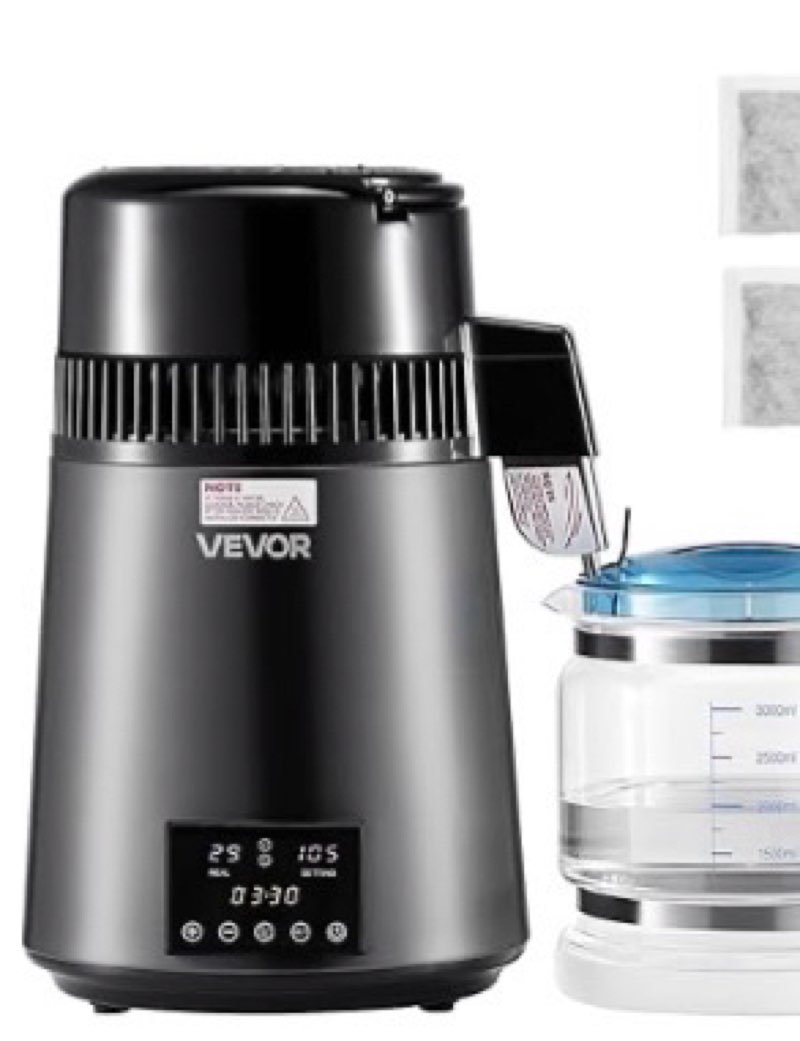 vevor water distiller, 4l /1.1 gallon pure water distilled for home table countertop, 750w distilling maker with glass carafe, stainless steel interior drinking machine to make clean waters, grey