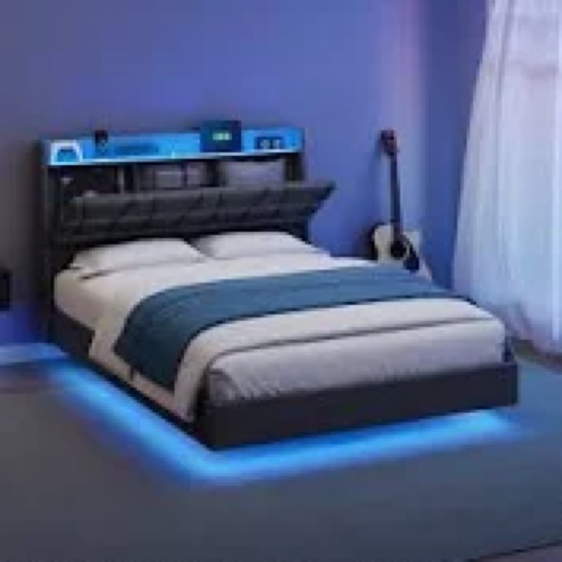  Incomplete-Woven Modern and Stylish Upholstered Floating Wood Bed Frame With Colorful USB Light