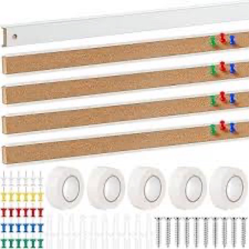 Threehoney 5 Pcs 48" x 1" Cork Strips Bulletin Bar Strips for Wall Bulletin Board Aluminum Trim Brow
