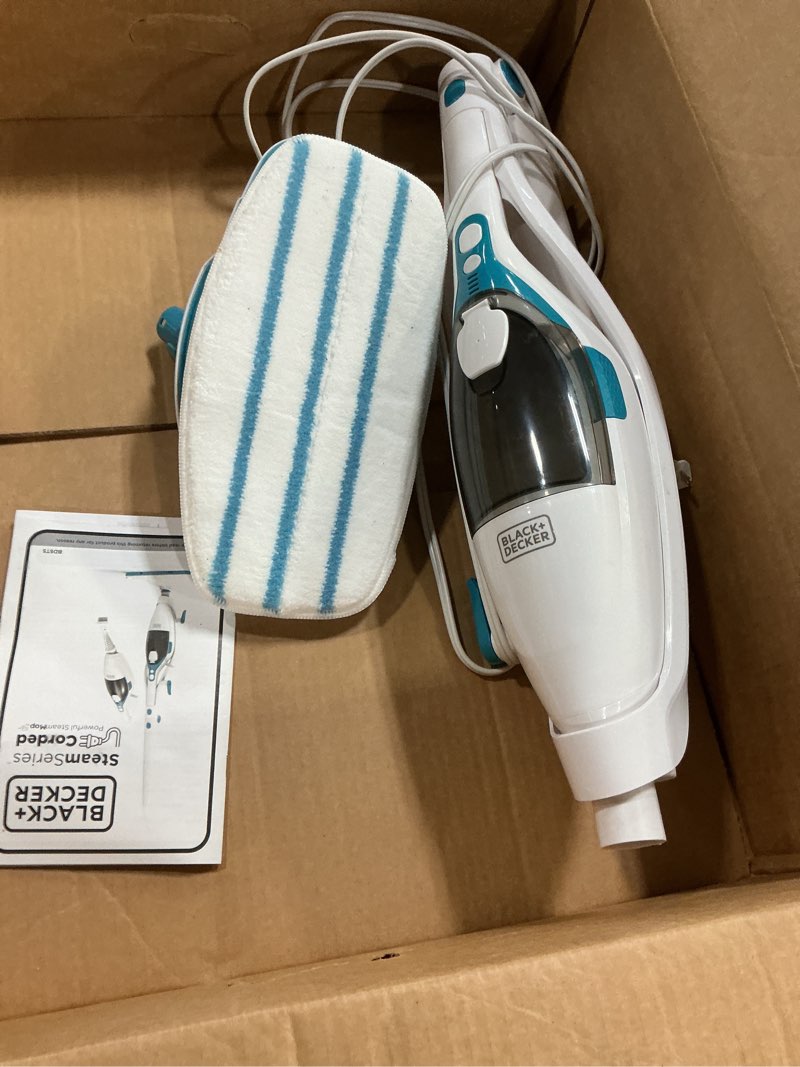 Condition photo showing As Is for black+decker 2-in-1 steam mop and handheld steam cleaner, 1500w electric floor steamer with 180° swivel steering, fast 30s heat-up, compact foldable storage, 13 accessories for tile & hardwood floors white/blue