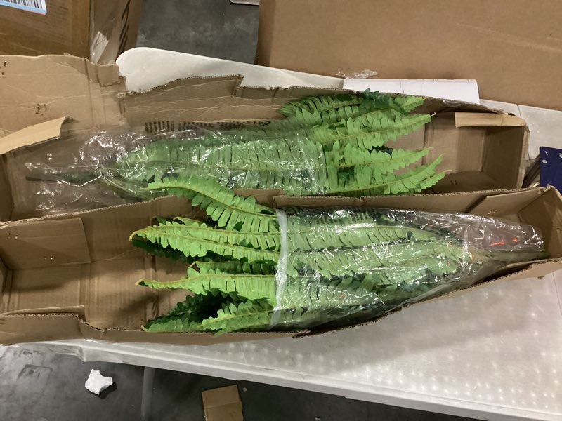 Condition photo showing As Is for dkaltm artificial boston fern bush- set of 2 large artificial ferns for outdoors, 45inch large faux ferns, suitable for office & living room decor, 55branches for each bouquet
