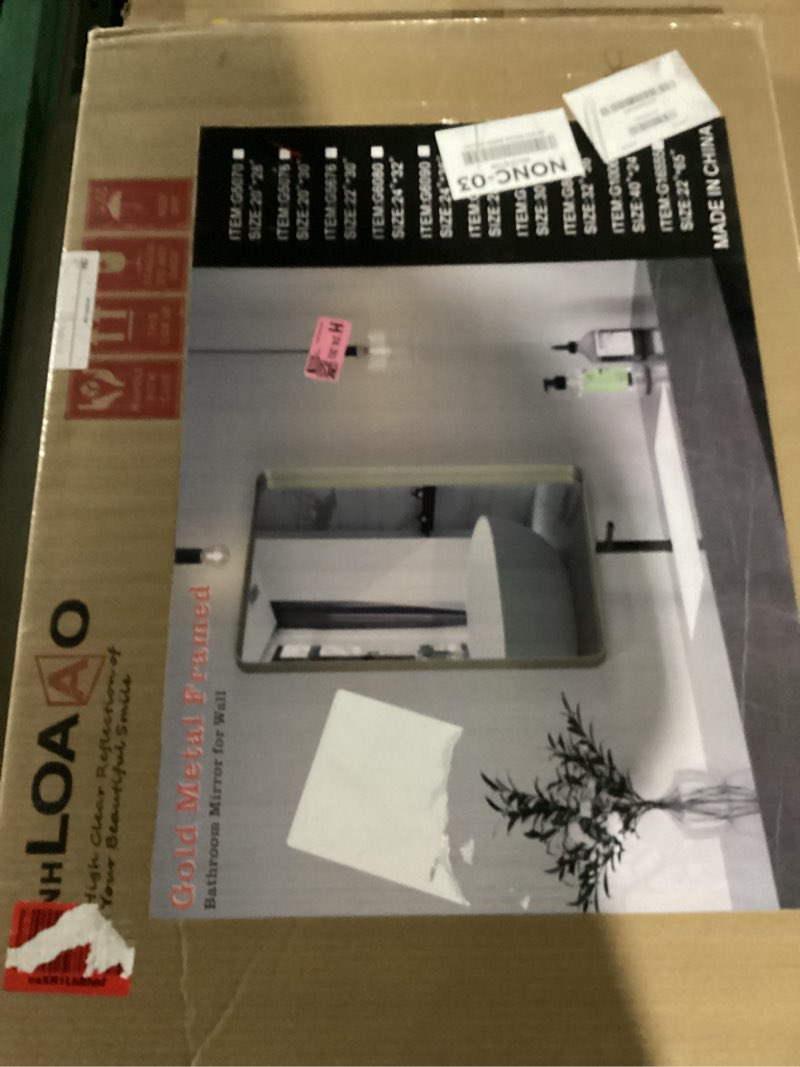 Condition photo showing Good Condition for loaao 20”x30” gold bathroom mirror, rounded rectangle gold frame mirror, brushed gold bathroom vanity mirror wall-mounted, anti-rust, hangs horizontally or vertically