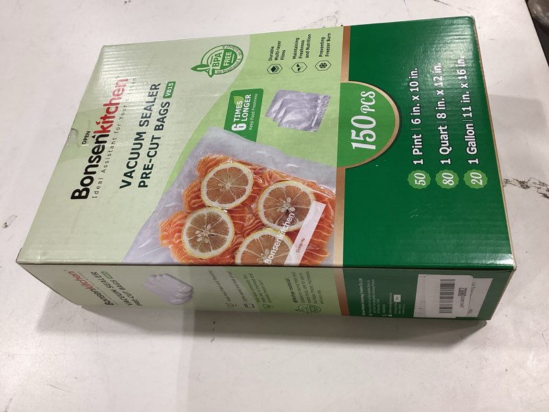 Condition photo showing New/Like New for bonsenkitchen vacuum sealer bags, 20 gallon 11" x 16"+ 80 quart 8" x 12"+ 50 pint 6" x 10", commercial grade, bpa free, food sealer bags for vac storage, meal prep or sous vide cooking, vb15 6" x 10" and 8" x 12" and 11" x 16" 150pcs