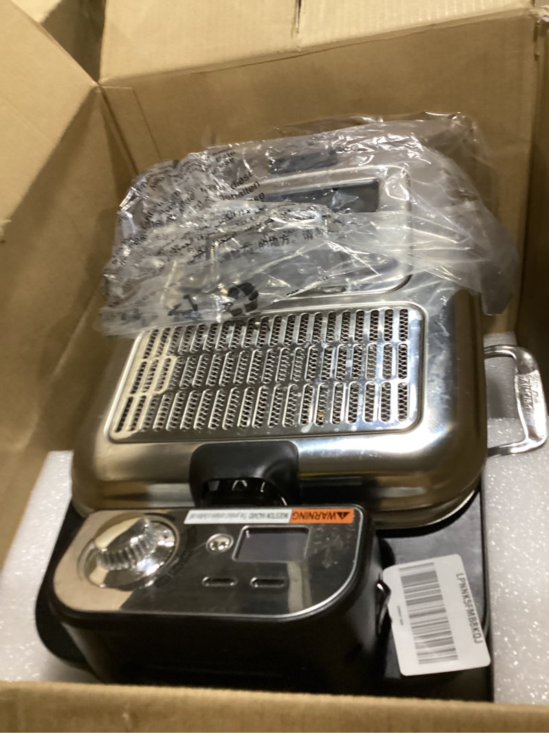 Condition photo showing As Is for all-clad electric deep fryer with basket and lid, stainless steel deep fryer for home use, 1700w, dishwasher safe