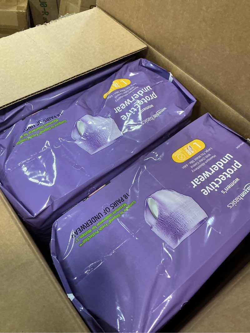Condition photo showing New/Like New for amazon basics incontinence underwear for women, protective, disposable, postpartum, maximum absorbency, large, lavender, 54 count (3 packs of 18) large 54.0