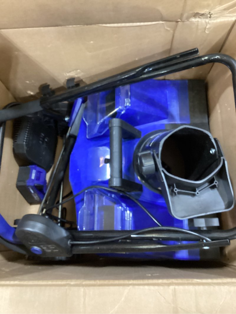Condition photo showing As Is for westinghouse wsnow18 48v cordless snow blower 18 inch kit, steel auger, led light, 1200w brushless motor, 25ft throwing distance, plows 650lbs/min, compatible with snow joe batteries 18 inch with battery/charger