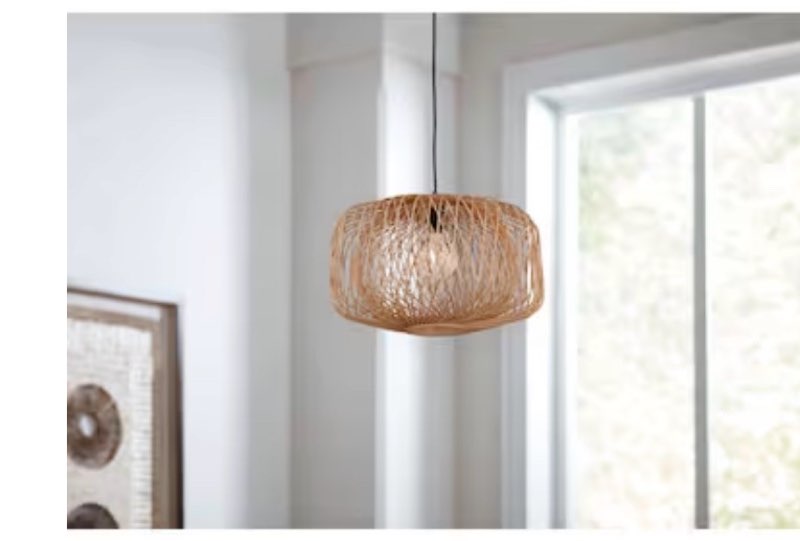 allen + roth Harlow 1 -Light Matte black canopy with Natural Rattan shade Traditional Globe