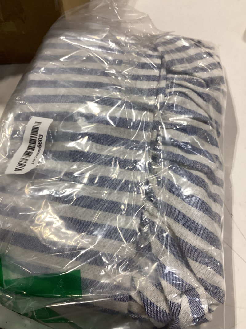 Condition photo showing Good Condition for striped cotton blend tablecloth 52" × 70" ruffled table cloth washable rectangular fabric table cover farmhouse picnic kitchen dinning tabletop home decoration, blue, 4-6 seats blue 70" x 52" (rectangular)