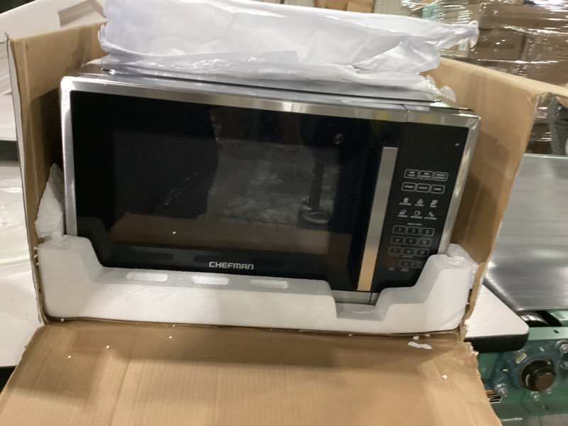 Condition photo showing Good Condition for not tested *****chefman countertop microwave oven 1.1 cu. ft. digital stainless steel microwave 1000 watts with 6 auto menus, 10 power levels, eco mode, memory, mute function, child safety lock, easy clean
