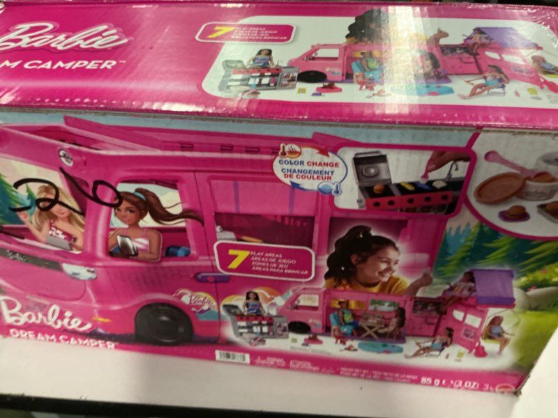 Condition photo showing New/Like New for Barbie Dream Camper Playset with Roof Tent, BBQ Grill with Color-Change Feature and 60+ Accessories