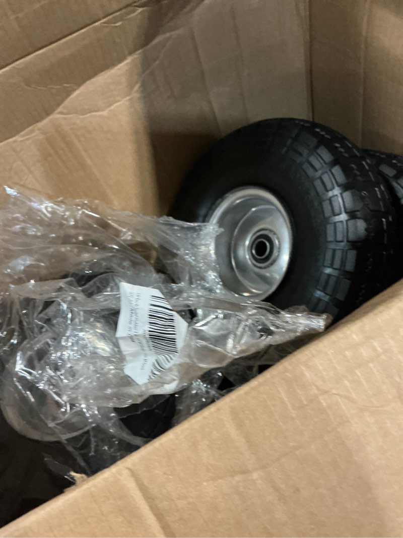 Condition photo showing Good Condition for 4.10/3.50-4 tire and wheel flat free, 10 inch solid rubber tire with 5/8”axle bore hole and double sealed bearings, for gorilla cart tires/dolly wheels/hand truck wheels/dump cart wheels?4 pack 12.4 pounds black