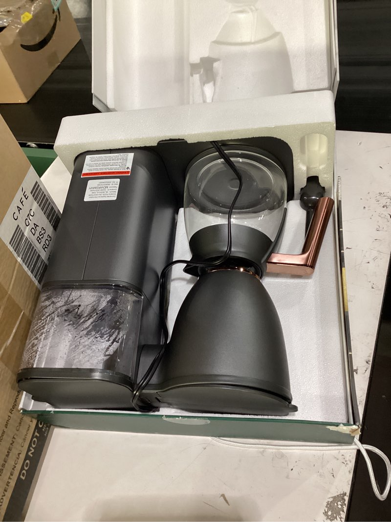 Condition photo showing As Is for café specialty drip coffee maker, 10-cup glass carafe, wifi connected smart voice-to-brew, includes reusable filter basket & grounds scooper, barista-quality brew, sca certified, matte black matte black glass carafe