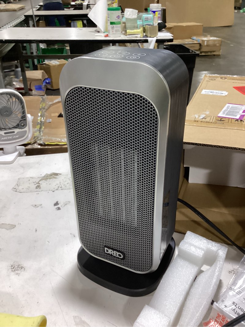 Condition photo showing As Is for (similar to )dreo space heater, portable electric heaters for indoor use with thermostat, digital display, 1-12h timer, eco mode and fan mode, 1500w ptc ceramic fast safety heat for office bedroom home, black black 10 inch