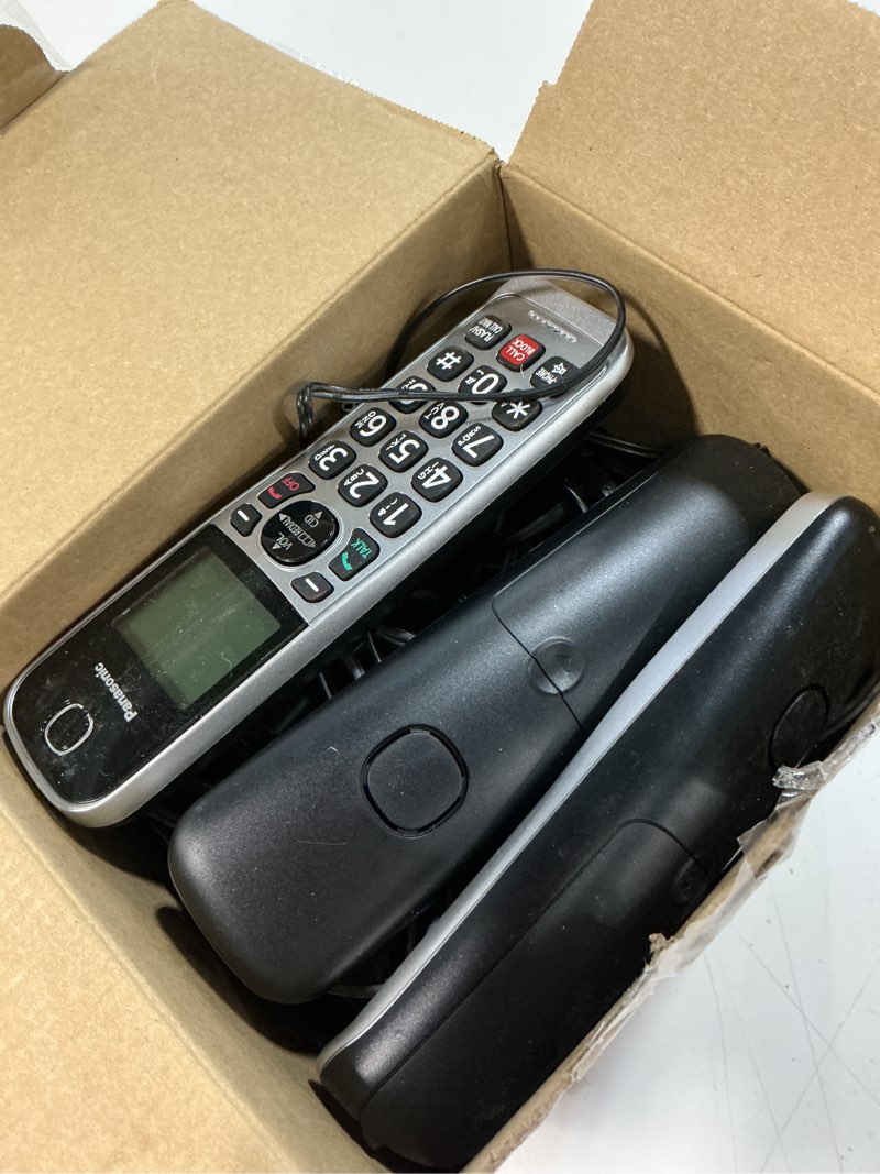 Condition photo showing As Is for panasonic cordless phone with digital answering machine, advanced call block, 4 handsets- kx-tg3824s